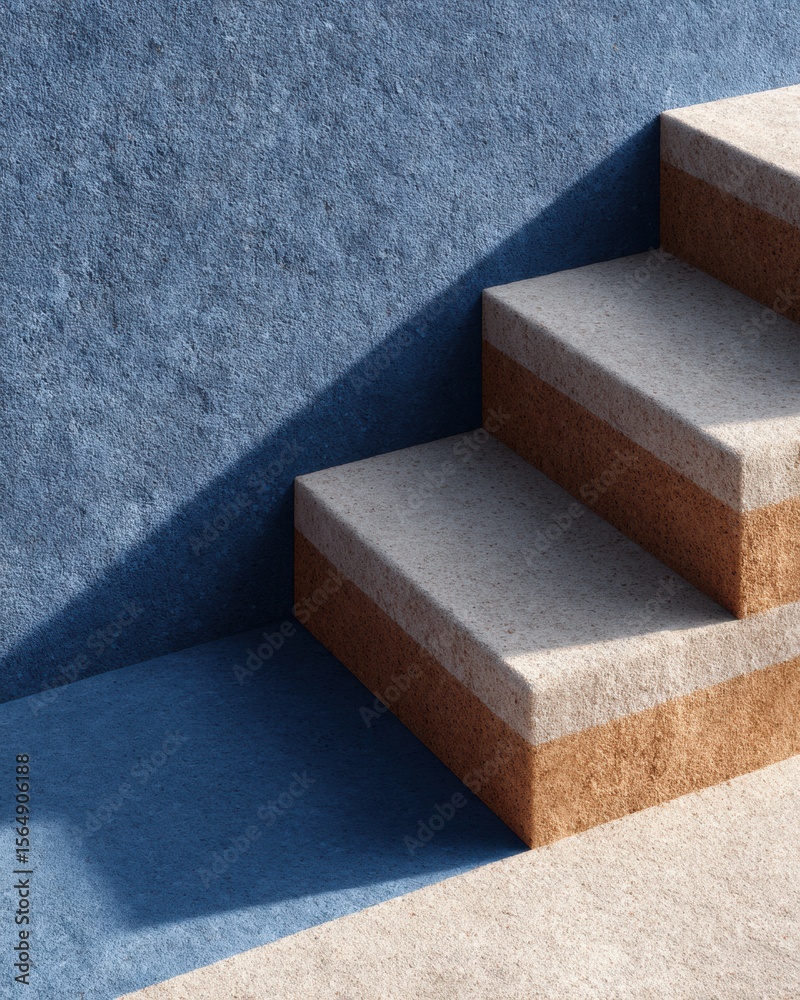 Poster textured geometric staircase with layered concrete and blue wall shadow - modern architectural detai