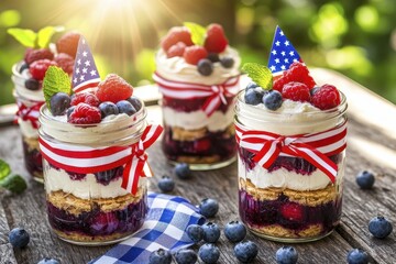 Patriotic berry desserts in jars with american flags and sunlight