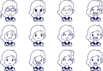 Obraz premium Cute Girl Face Doodles with Multiple Emotions, Hand Drawn Character Icons, Black and White Sketch Vector Style, Transparent Background