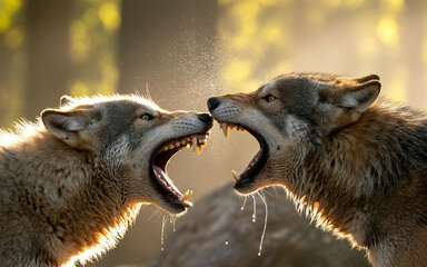 Two Wolves Aggressively Snarling And