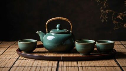 Fototapeta premium A cozy rattan table holds a single cup and a green teapot, creating a natural, inviting spot for tea.