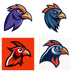 Illustration of four bird head logos in different color schemes and design styles on white background
