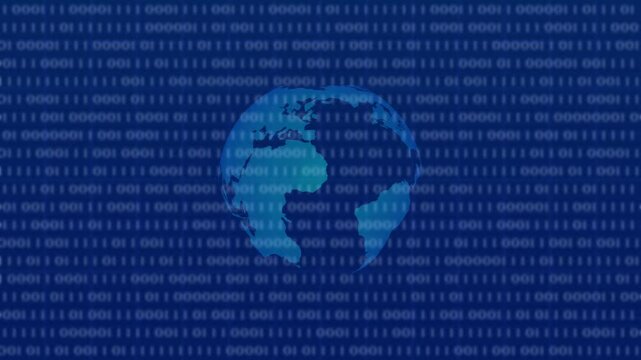 4K resolution, Tech Earth Globalization networking, blue line lights transmit data, the world right position with copy space background. binary code background