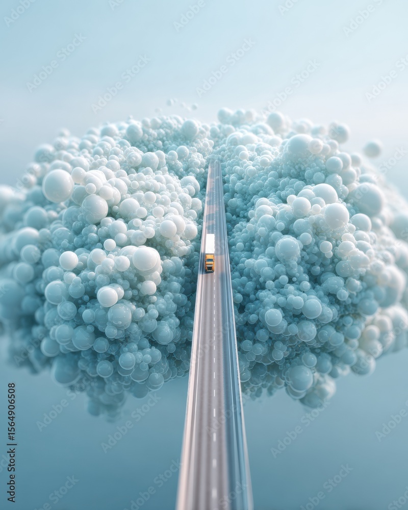 Aufkleber Autonomous Truck with AI Sensors Crossing Futuristic Bridge Surrounded by Geometric Spherical Cloud Smart Transportation and Vehicle Automation Innovation