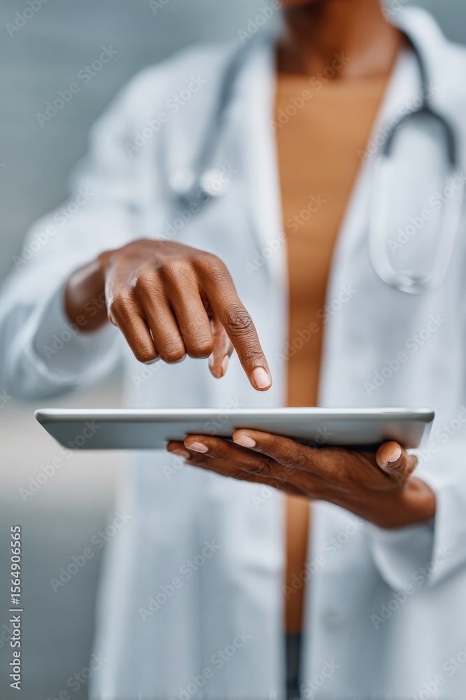 Aufkleber Professional Healthcare Provider Using Modern Tablet for Patient Feedback and Quality Monitoring Authentic Medical Content for Digital Health Marketing