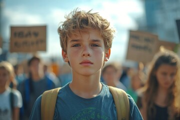 Teenage boy leading a march against climate change, passionately advocating for environmental sustainability and social change through activism, Generative AI