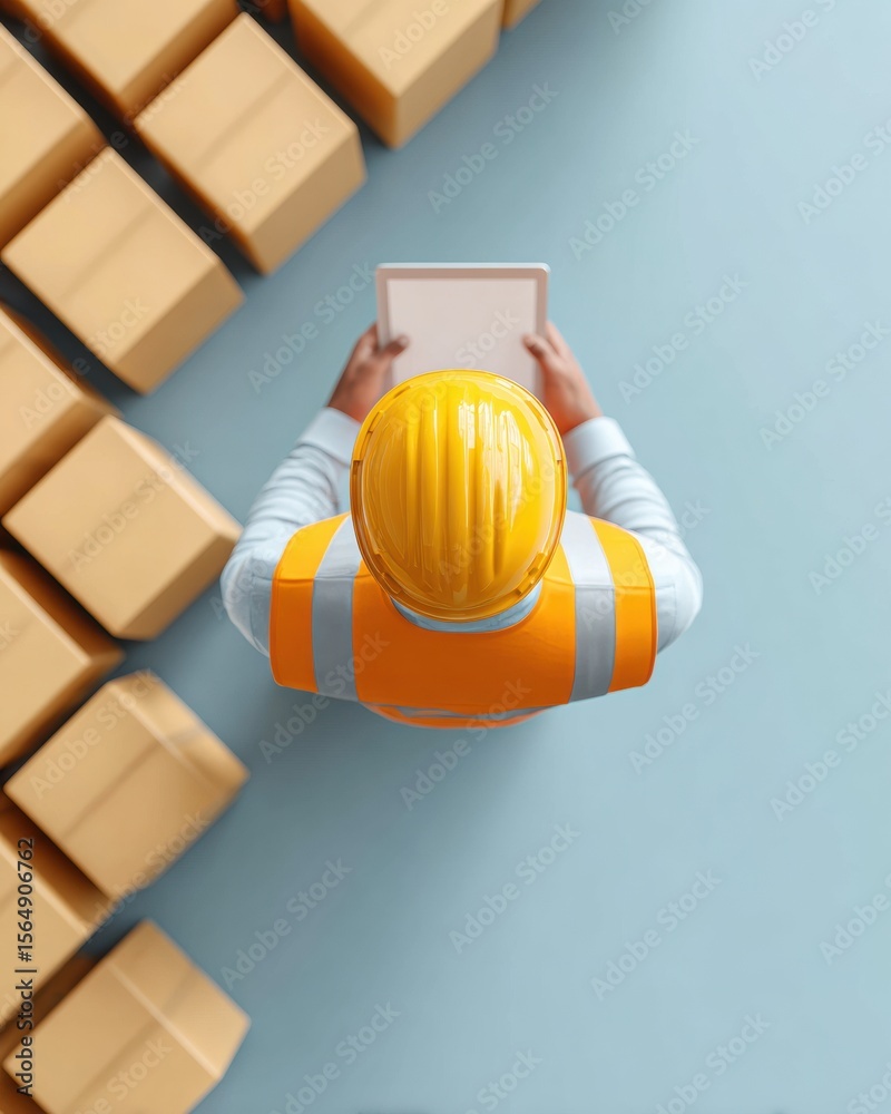 Poster efficient warehouse worker in safety vest using tablet for inventory management in modern distributi