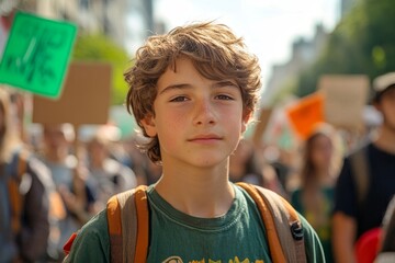 Teenage boy leading a march against climate change, passionately advocating for environmental sustainability and social change through activism, Generative AI