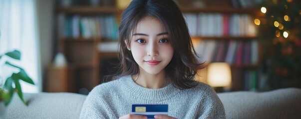 Close-up view of young woman holding a credit card and doing bank transactions via mobile phone application at home, Generative AI