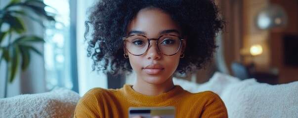 Close-up view of young woman holding a credit card and doing bank transactions via mobile phone application at home, Generative AI