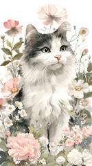 A fluffy cat with green eyes sits among blooming pastelcolored flowers
