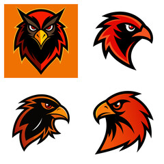 Obraz premium Four stylized bird heads in red and black with orange accents isolated on a white background design