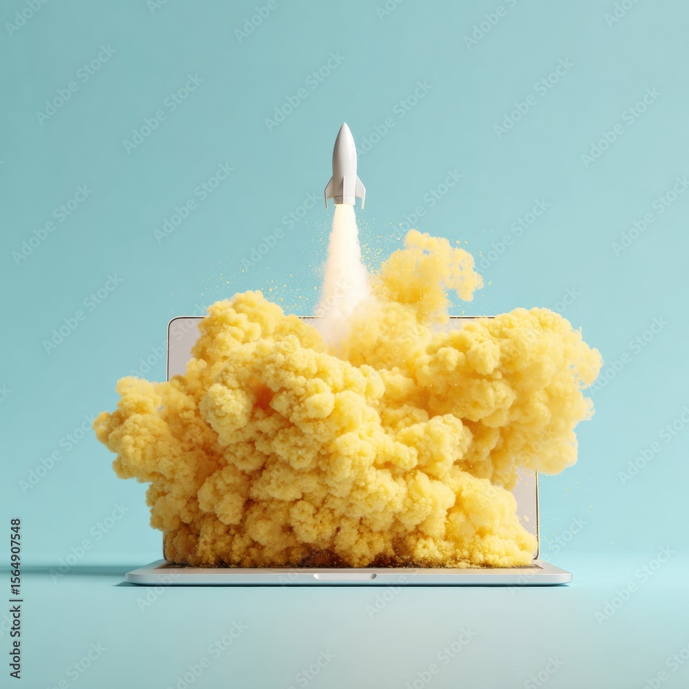 Aufkleber innovative rocket launching from laptop screen with vibrant yellow smoke cloud, dynamic digital star