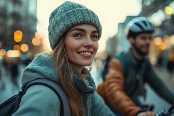 Young couple on a bike ride in the city, enjoying the sights and sounds of the urban environment while staying active and together, Generative AI