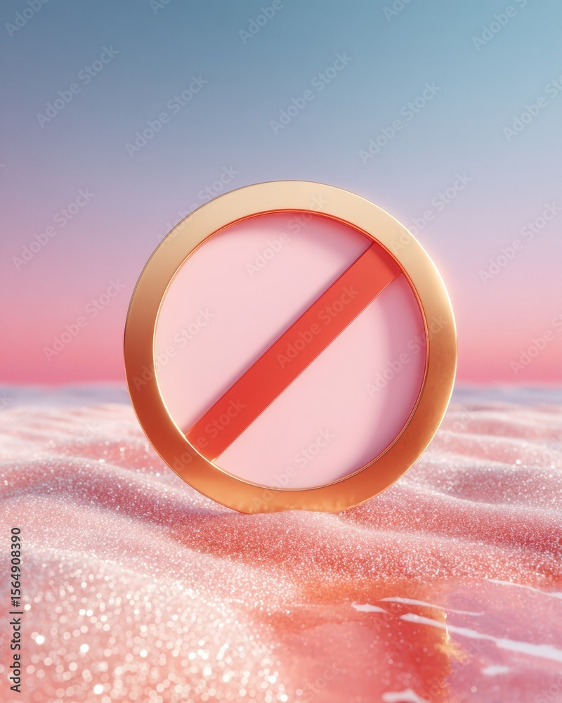 Poster Modern No Entry Sign with Gold Circular Frame on Textured Pink Surface - Digital Design Element for Branding, Warning, and Tech Interfaces
