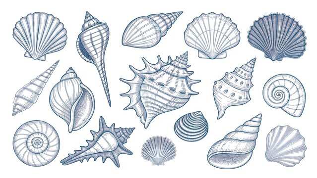 Collection of various seashells and conch shells drawn in a detailed blue line art style