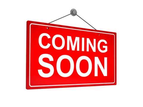 Red coming soon sign hanging from a wire, suitable for promotions, marketing, announcements, and advertising campaigns in various industries.