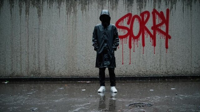Personne encapuchonn&eacute;e devant un mur "SORRY" sous la pluie