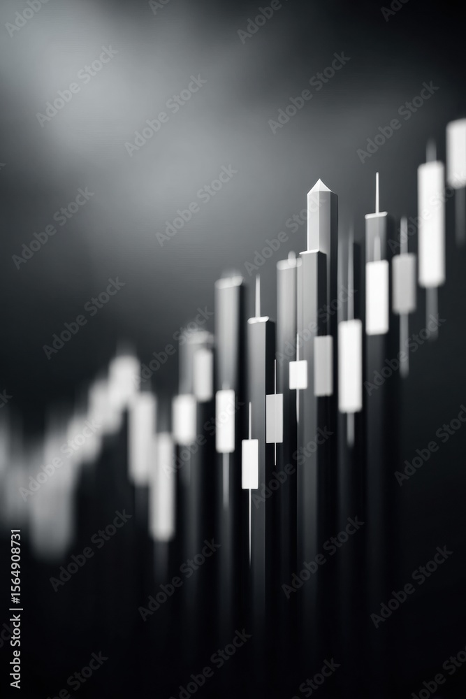 Poster monochrome upward trending stock market chart with dynamic candlestick patterns and profit indicator