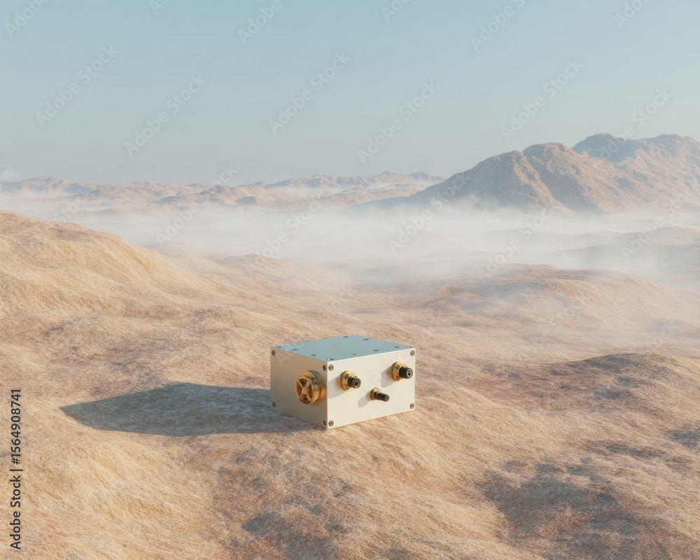 Poster Advanced Quantum Sensor Device Placed in Remote Desert Landscape Symbolizing Dark Matter Detection and Breakthroughs in Scientific Research