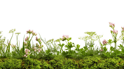 Vibrant green grass and wildflowers border isolated on white background