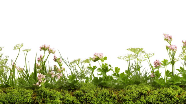 Vibrant green grass and wildflowers border isolated on white background