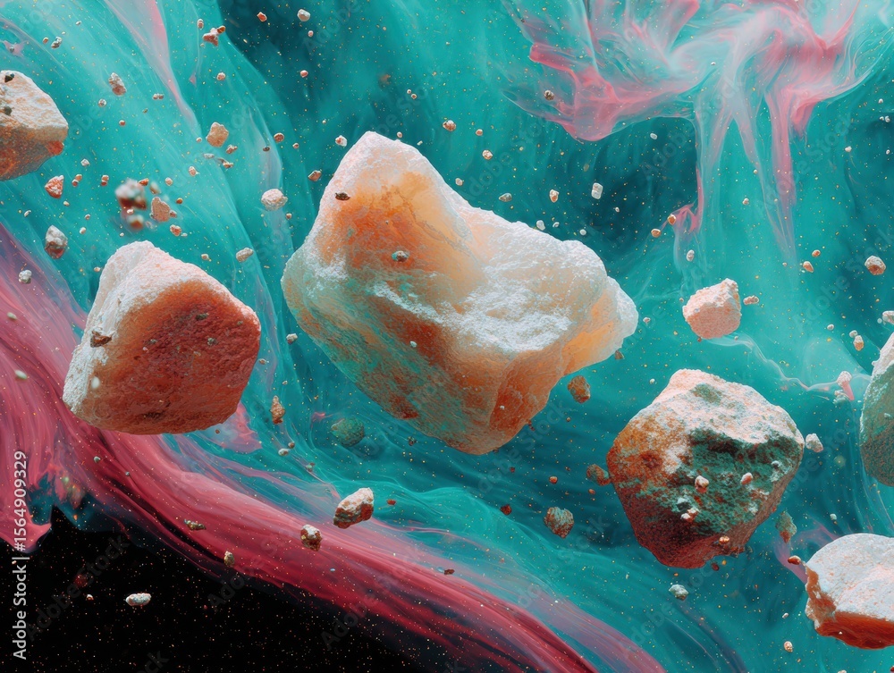 Poster Cosmic Asteroid Fragments Floating in Vibrant Space Nebula with Dynamic Dust Trails for Sci-Fi Marketing and Futuristic Science Campaigns