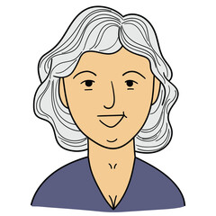 Hand drawn cartoon senior woman avatar on white background.