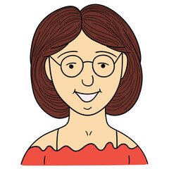 Hand drawn cartoon woman in glasses avatar on white background.