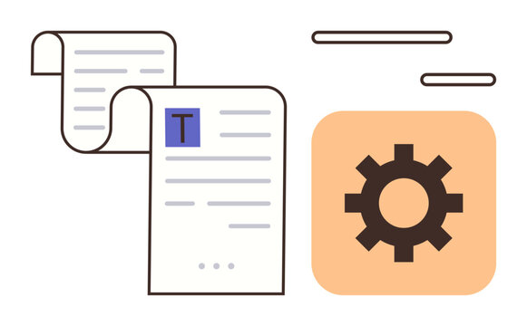 Text document with paragraphs beside a highlighted gear icon, representing workflow, automation, and software integration. Ideal for technology, management, digital tools, innovation, productivity