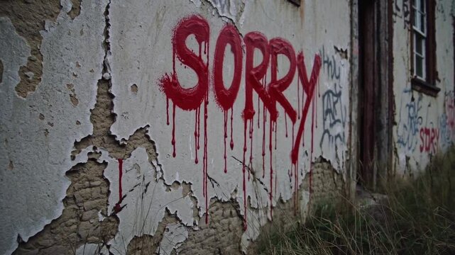  Graffiti rouge "SORRY" sur un mur d&eacute;cr&eacute;pi