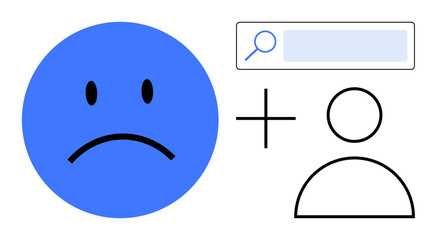 Sad blue face paired with person icon and search bar. Ideal for emotions, mental health, digital help, personalization, self-help, social connection, simple landing page