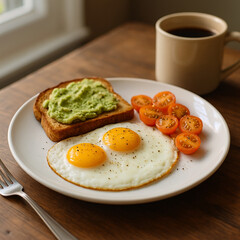 Eggs and avocado toast served with tomatoes