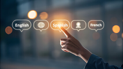 Fototapeta premium Hand Selecting Spanish Language Option Holographic Interface