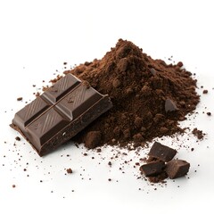 Dark chocolate bar pieces and cocoa powder pile on white background