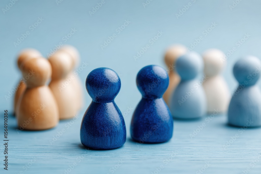 Poster Minimalist Wooden Figures with Exchange Arrows Symbolizing Peer-to-Peer Communication and Knowledge Sharing for Modern Business Networking