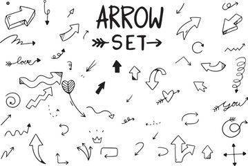 Hand Drawn Arrow Set Doodle with Various Directions, Vector Style Icons, Sketch Elements Collection, Transparent Background