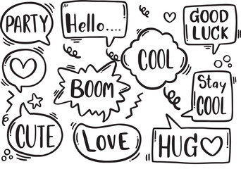 Comic Speech Bubble Vector Set with Fun Sayings, BOOM, COOL, HELLO, Hand Drawn Sketch Style, Black and White, Transparent Background