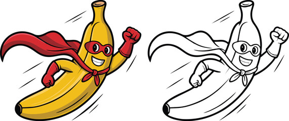 A banana superhero flying with a red cape and mask next to a black and white banana superhero image