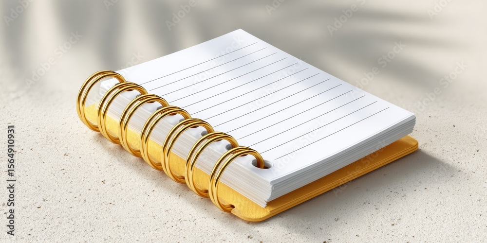 Poster Minimalist Single A4 Lined Notepad with Gold Spiral Binding on Clean Surface for Modern Office Organization and Systematic Planning Concept