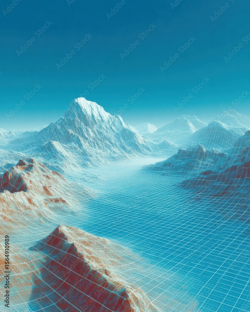 Aufkleber Digital Radar Mapping with Wireframe Terrain Grid, Advanced Data Visualization for Technology and Communication Network Infrastructure