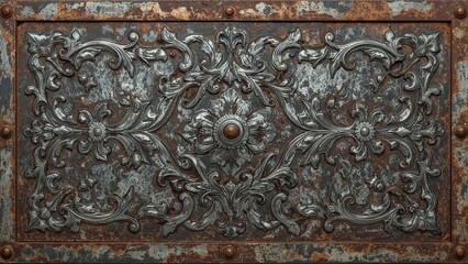 Obraz premium Oxidized metal panel with elegant silver filigree