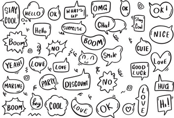  Doodle Speech and Thought Bubbles with Expressions, OMG Text, Hand Drawn Comic Style, Vector Set, Transparent Background