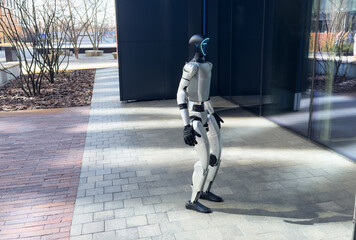  residential complex. Artificial intelligence machine walks. Robot spend time 