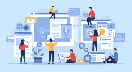 Digital team collaboration and web design conceptual illustration showing teamwork