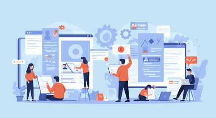 Website development team collaboration illustration for web design and coding