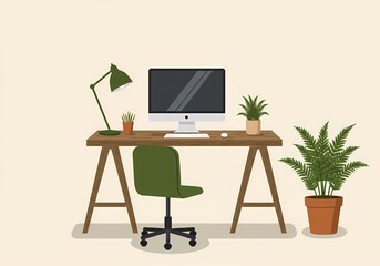 Minimal flat illustration of a tidy home office setup featuring a computer desk, green chair, table lamp, and indoor plants. Perfect for remote work, productivity, and modern interior design concepts.