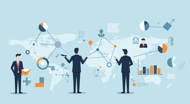 Business strategy and global communication illustration with business people
