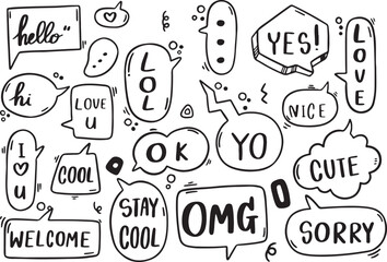 Comic Speech Bubble Pack, Hand-Drawn Expression Icons, Sketch Word Balloons, Sayings Clipart, Cartoon Text Doodles, Shout Bubbles, Fun Chat Symbols, Black and White Comic Style, Voice Bubble Set, Talk