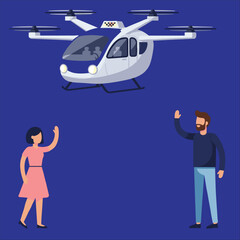Futuristic air taxi flat vector illustration. Self driving passenger drone, driverless vtol. City travel, urban transportation. Flying cab delivery service